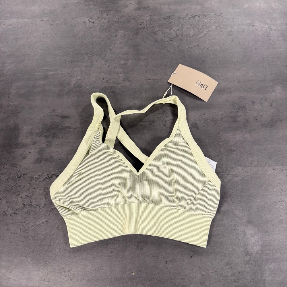 Live! Sports Bra S Seamless Mesh Sport Yellow Green Gray Strappy Ribbed Brazil